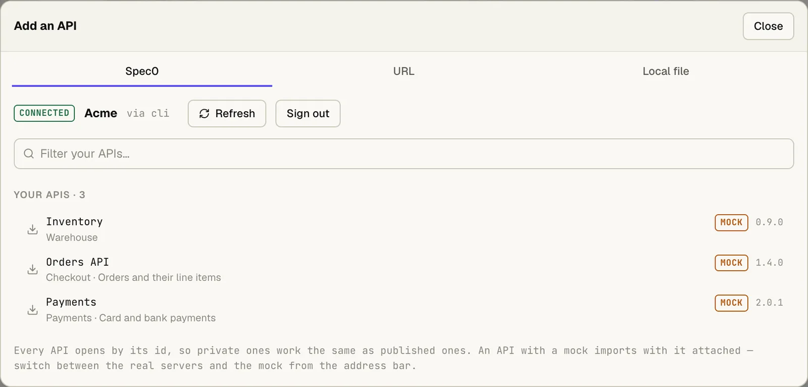 The Add an API dialog on its Spec0 tab, signed in to an organisation, listing three APIs with their versions and a MOCK badge on each.