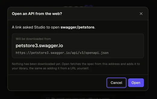 The 'Open an API from the web?' dialog, naming swagger/petstore, showing petstore3.swagger.io as the host it will be downloaded from, with Cancel selected and an Open button.